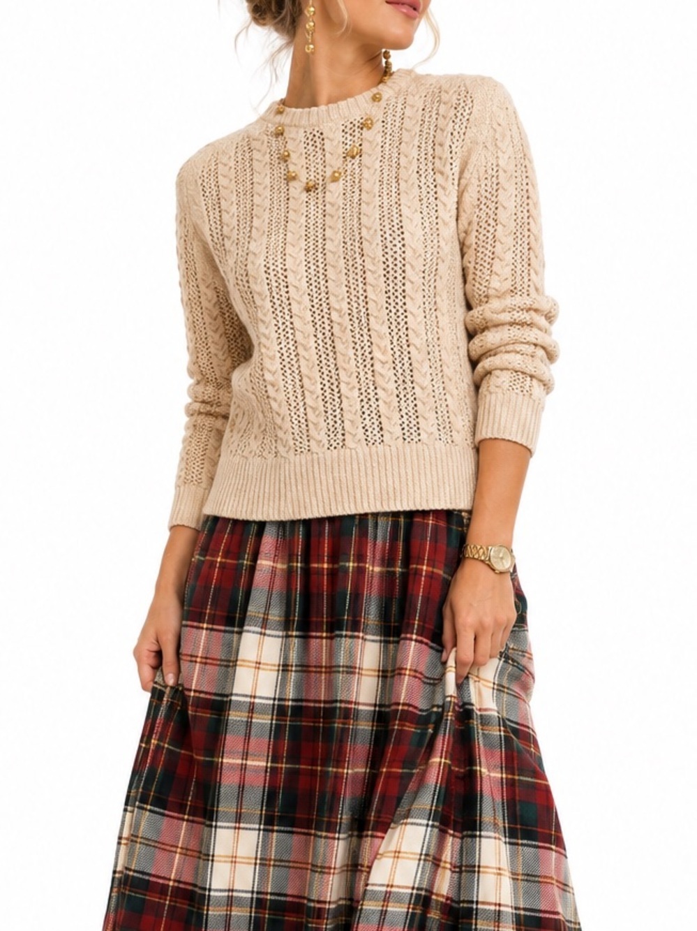 Zara Cream Cable-Knit Classic Crewneck Sweater SZ MED EUC